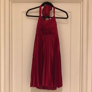 medium, mini, red Love Tease pleated dress, halter tie top, bow on bodice